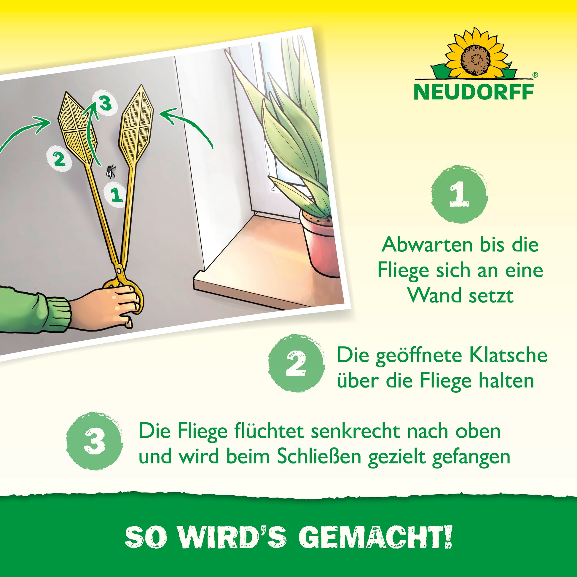 Mit der Neudorff Shop Doppelfliegenklatsche fangen Sie Fliegen ohne Flecken: Warten Sie, bis eine Fliege landet, halten Sie die geöffnete Fliegenklatsche über sie und schließen Sie sie dann senkrecht, um die Fliege ohne Flecken zu fangen.