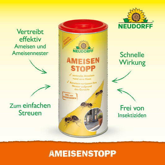 Ein zylindrischer Behälter mit dem Neudorff Shop AmeisenStopp steht aufrecht und trägt ein Etikett, das auf die antimikrobielle Wirkung, die schnelle Wirkung, die einfache Anwendung und die Wirksamkeit als insektizidfreies Mittel gegen Ameisen hinweist.