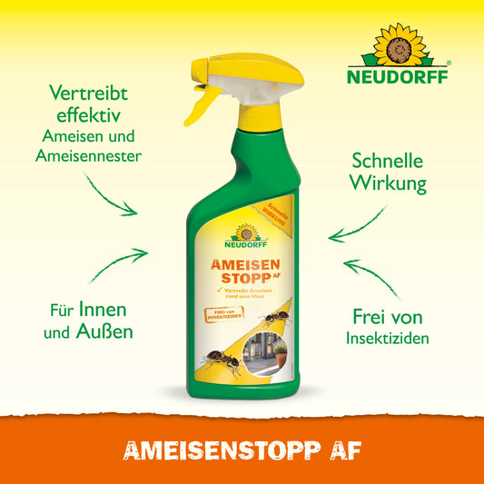 Eine Flasche AmeisenStopp AF von Neudorff Shop steht auf gelbem Grund, mit grüner Schrift, die auf die schnelle, insektizidfreie Wirkung und die Verwendung in Innenräumen wie der Küche oder im Freien wie der Terrasse hinweist.