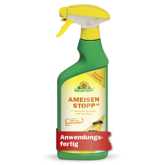 Eine grün-gelbe Sprühflasche mit der Aufschrift "Neudorff Shop AmeisenStopp AF" steht aufrecht. Auf dem Etikett steht, dass dieses Ameisenschutzmittel für den Terrassen- und Wohnbereich insektizidfrei ist. Ein rotes Banner am Boden sagt "Anwendungsfertig.
