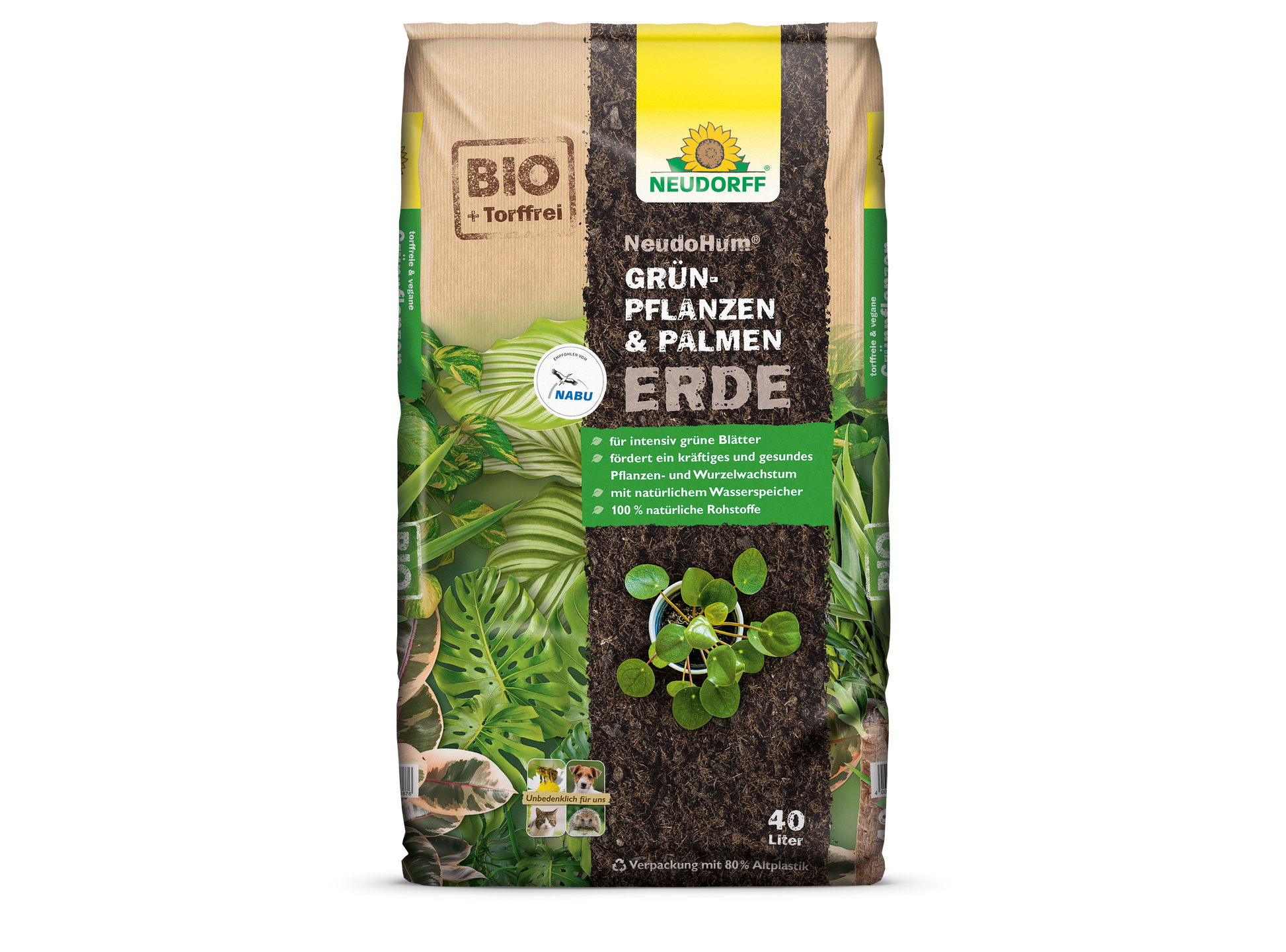 Ein 40-Liter-Sack Neudorff Shop NeudoHum Grünpflanzen- & PalmenErde in brauner und grüner Verpackung mit Blattbildern, Bio- und torffreien Etiketten, ideal für Zimmerpflanzen und Palmen dank seiner hervorragenden Wasserspeichereigenschaften.
