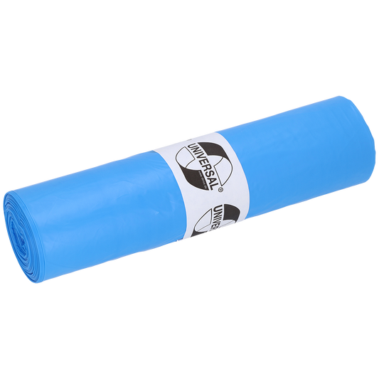 Eine Rolle DEISS 40104 Müllsäcke von EMIL DEISS KG, 630x800x0,023 mm, blau, Rolle mit 50 Stück. Weißes Etikett zeigt "UNIVERSAL" und Schwarz-Weiß-Logo. Praktisch als Abfallsäcke für vielseitige Entsorgung.