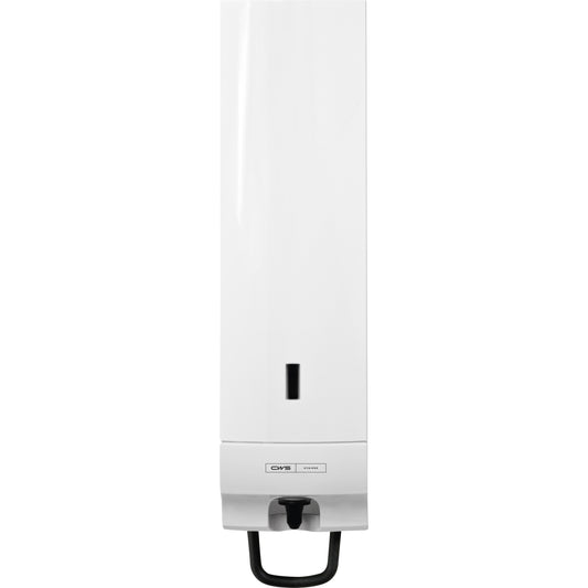 Der CWS ParadiseLine Seifenschaumspender Foam Universal inklusive Panel Weiß ist ein wandmontierter Spender mit schwarzem Drücker und Sichtfenster zur Füllstandsanzeige - ideal für hygienische Waschräume.