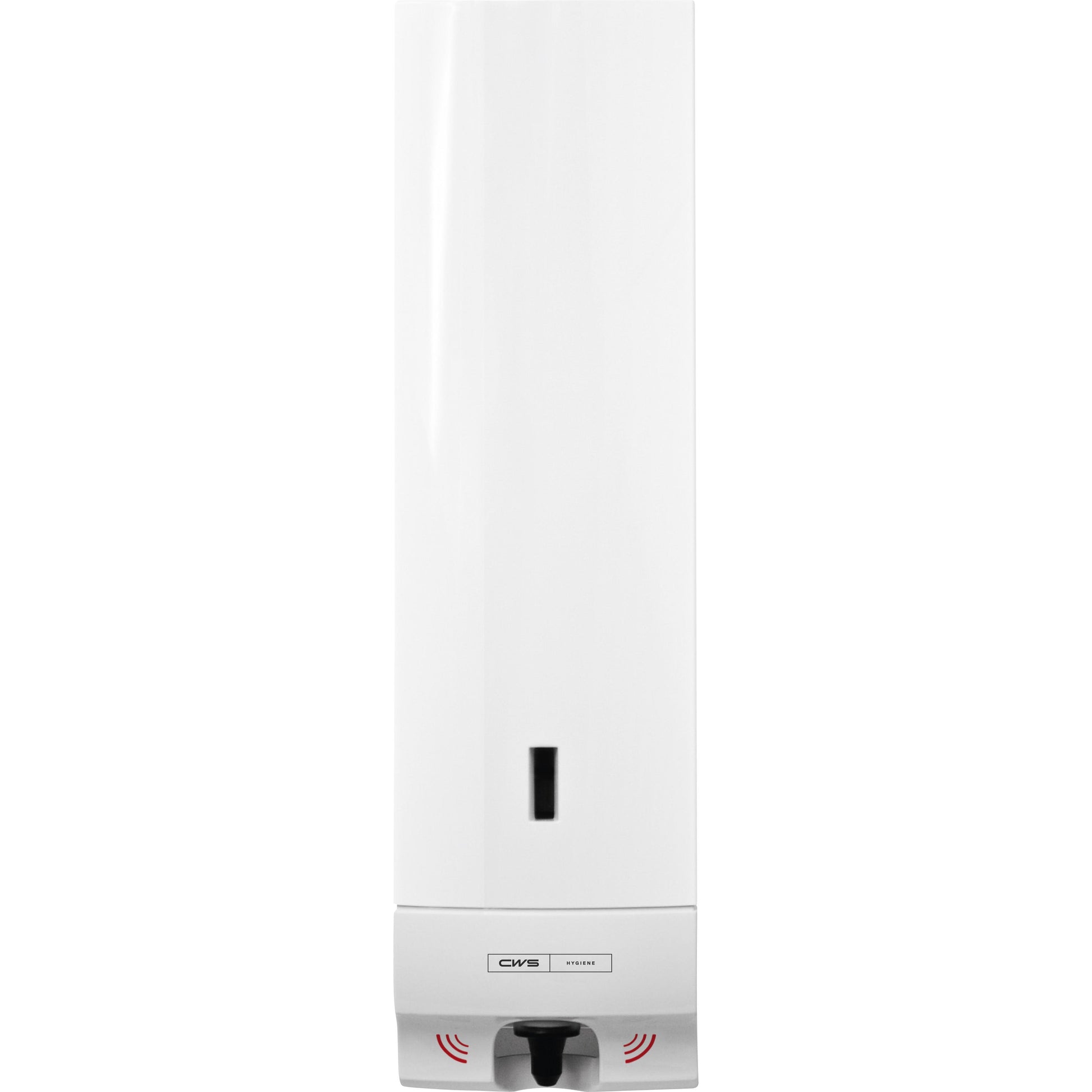 Der CWS ParadiseLine Seifenschaumspender Foam Slim Non-Touch in Weiß ist ein Wandspender mit sichtbarem Seifenstandsfenster, schwarzem Sensor für berührungslose Hygiene und dem CWS Hygiene-Logo über der Düse.