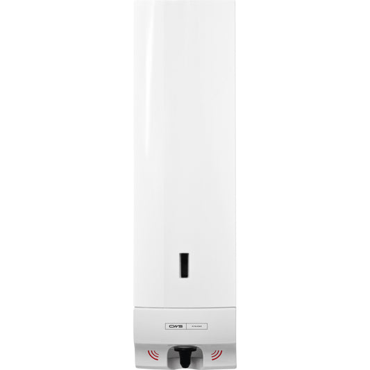 Der CWS ParadiseLine Seifenschaumspender Foam Slim Non-Touch in Weiß ist ein Wandspender mit sichtbarem Seifenstandsfenster, schwarzem Sensor für berührungslose Hygiene und dem CWS Hygiene-Logo über der Düse.