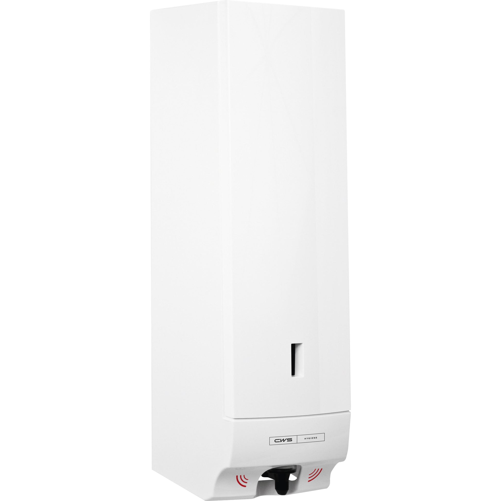Der CWS ParadiseLine Seifenschaumspender Foam Slim Non-Touch in Weiß verfügt über ein rechteckiges Wanddesign mit einem transparenten Fenster für den Füllstand und einem berührungslosen Sensor an der Düse für optimale Hygiene.