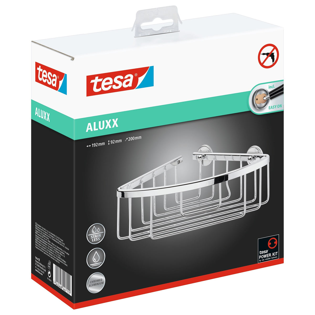 tesa ALUXX Eckduschkorb einstöckig, Aluminium, verchromt, inkl. Klebelösung