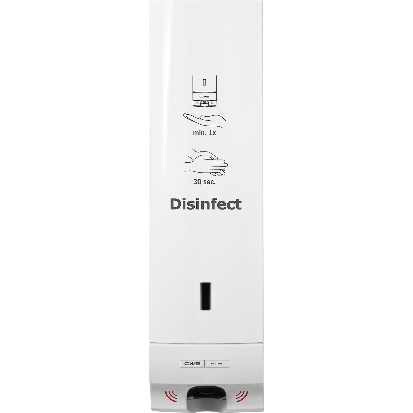 The CWS ParadiseLine Disinfect Non touch disinfectant dispenser, with white panel, is a white, wall-mounted non-touch disinfectant dispenser from CWS with a "Disinfect" sticker and illustrated instructions for one pump and 30 seconds of hand disinfection.