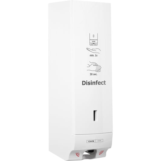 Der CWS ParadiseLine Desinfektionsmittelspender Disinfect Non touch, mit Panel weiß, ist ein weißer Wandspender mit berührungsloser Bedienung und Symbolen für Gebrauch und 30 Sekunden Handabreibung. Der Schriftzug "Disinfect" auf der Vorderseite garantiert eine hygienische Anwendung.