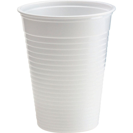 Ein weißer Becher Weiß PS der Duni GmbH mit horizontalen Rillen steht aufrecht vor weißem Hintergrund. Abgebildet: eine 100er-Packung (Einwegbecher).