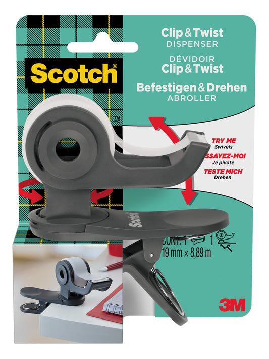 Der Scotch™ Clip & Twist Klebeband-Abroller C19 von 3M Deutschland GmbH ist in einer Verpackung mit einer Rolle Scotch® Magic™ Unsichtbares Klebeband (19 mm × 8,89 m) abgebildet, die an einer Tischkante befestigt ist. Branding und Anwendungshinweise sind sichtbar.