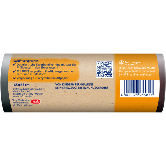 Eine Nahaufnahme eines Swirl Fixierband-Müllbeutel 35 l Reißfest & Dicht-Etiketts (10 Beutel pro Rolle) der Melitta Europa GmbH & Co. KG mit Produktinformationen, Recyclingdetails (recyceltes Plastik), einem Barcode und deutschen Warnhinweisen auf einer zylindrischen Rolle.