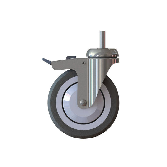 Das TASKI Trolley Rad (125mm) von Diversey Deutschland GmbH & Co. OHG ist eine Lenkrolle mit Bremse, Metallbügel, ideal für Tepichböden und kompatibel mit TASKI Trolleys; hier als Einzelstück vor weißem Hintergrund dargestellt.
