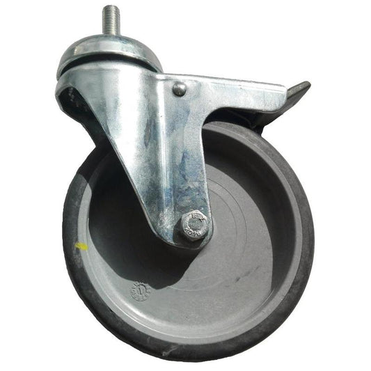 Nahaufnahme des Diversey TASKI Trolley Rad, 125mm Lenkrolle mit Bremse für ESD-Böden, montiert auf einer Metallhalterung; kompatibel mit TASKI Trolleys. Marke: Diversey Deutschland GmbH & Co. OHG (1 Stück), isoliert auf weißem Hintergrund.