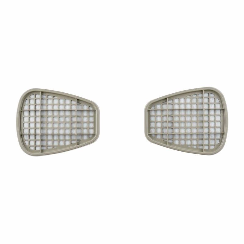 Two identical 3M™ Filter Cartridges 6055, A2 for organic vapors from 3M Deutschland GmbH are depicted side by side on a white background. They are beige, grid-shaped plastic covers with a slight trapezoidal shape.