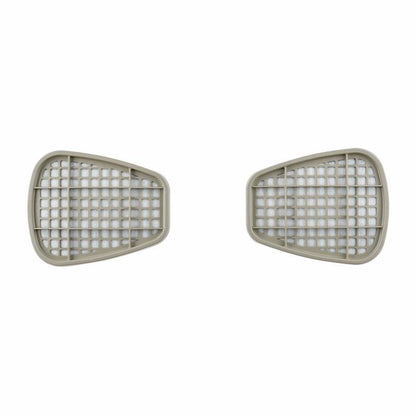Two identical 3M™ Filter Cartridges 6055, A2 for organic vapors from 3M Deutschland GmbH are depicted side by side on a white background. They are beige, grid-shaped plastic covers with a slight trapezoidal shape.