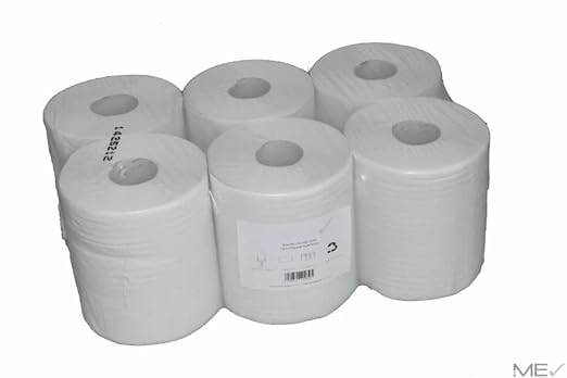 Sechs Handtuchrollen Midi, 2-lagig, weiß (je 20 cm x 140 m) von Abena Re-Seller GmbH sind in klarem Kunststoff mit einem weißen Etikett verpackt. Die Verpackung enthält 6 Rollen und erscheint vor einem schlichten weißen Hintergrund.