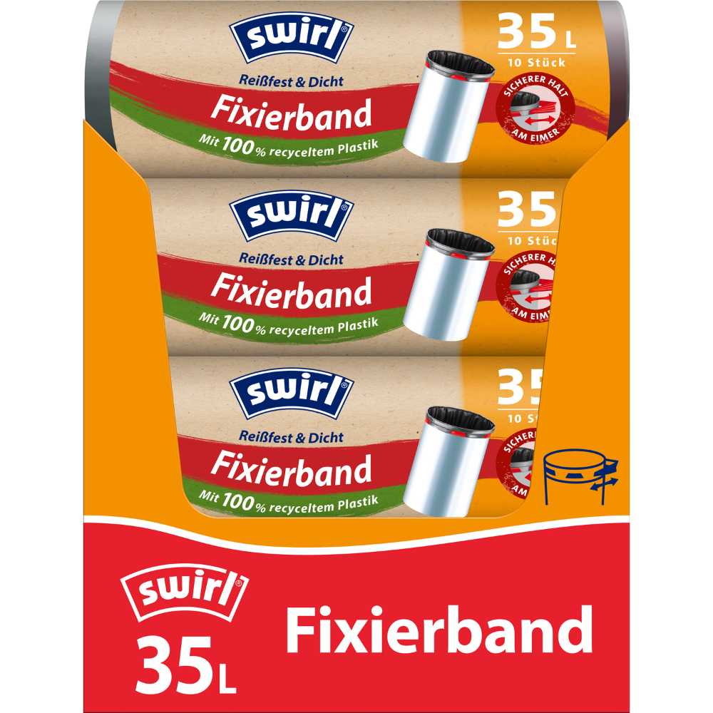 Drei Rollen Swirl Fixierband-Müllbeutel 35 l Reißfest & Dicht von der Melitta Europa GmbH & Co. KG mit je 10 Beuteln in orange-roter Verpackung, hergestellt aus recyceltem Plastik und mit elastischem Fixierband für sicheren Verschluss.