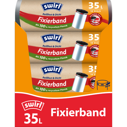 Three rolls of Swirl fastening tape garbage bags 35 l tear-resistant & leak-proof by Melitta Europa GmbH & Co. KG with 10 bags each in orange-red packaging, made from recycled plastic and with elastic fastening tape for secure closure.