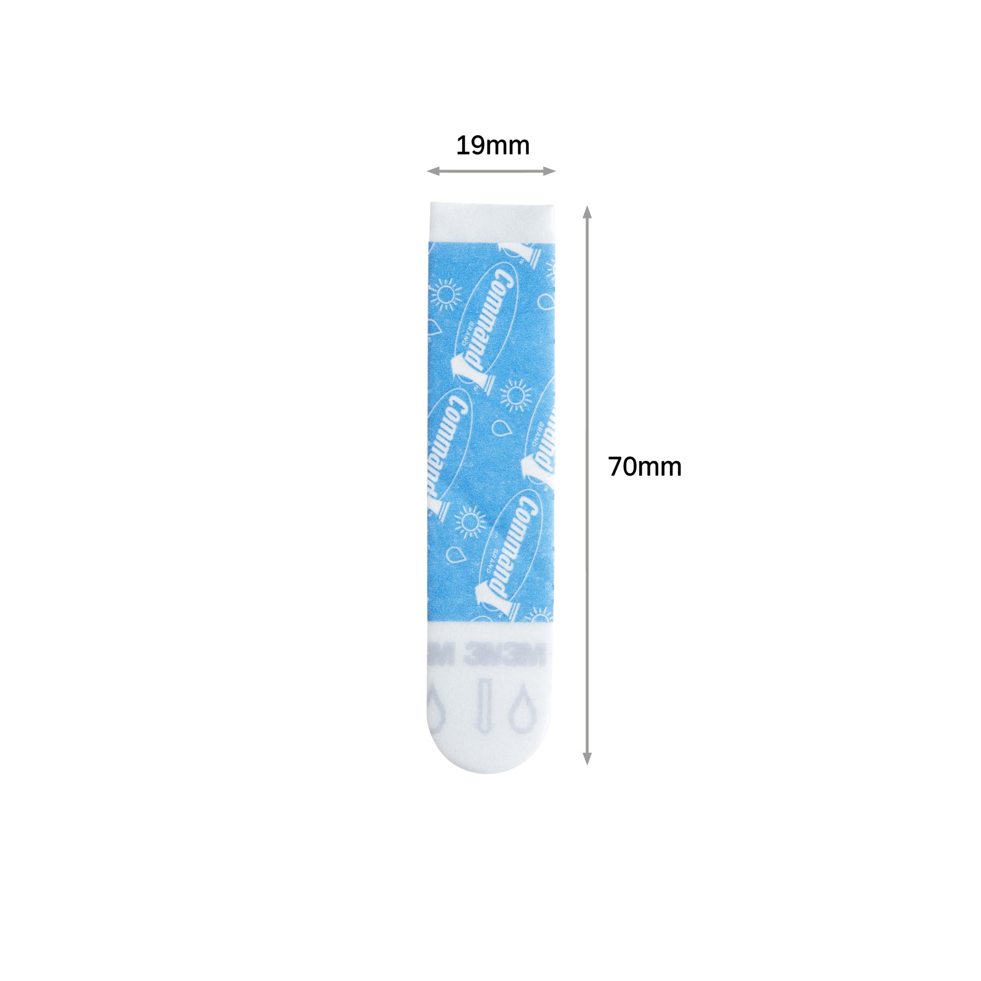 Ein blauer und weißer rechteckiger Command™ Strip (Größe M, 19mm x 70mm) von 3M Deutschland GmbH, mit sichtbarem Branding, Symbolen und Dimensionspfeil. Die Packung enthält 10 Stück.