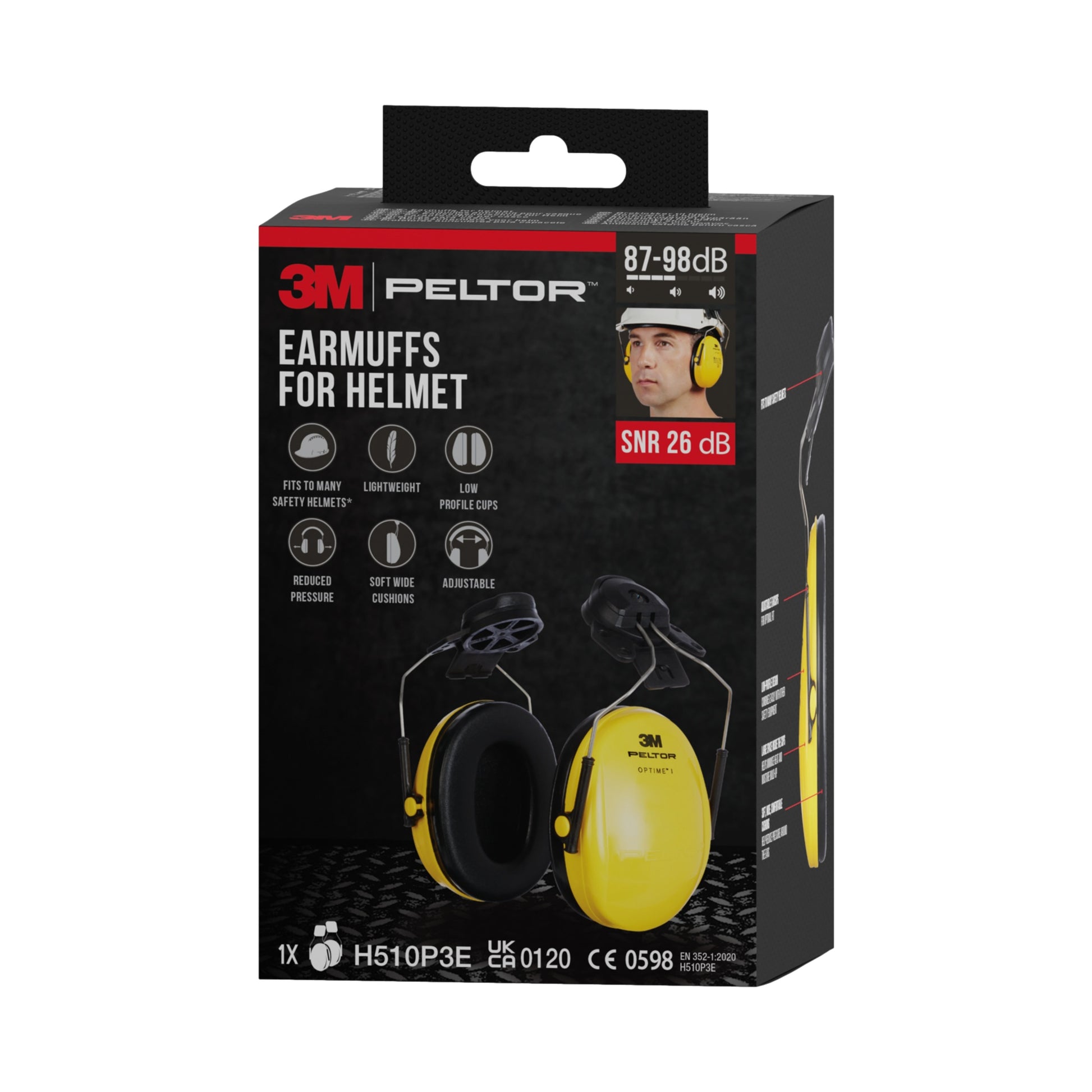 Der 3M™ PELTOR™ Optime™ I Kapselgehörschutz für Schutzhelm H510P3E (1 Stück) von 3M Deutschland GmbH bietet einen SNR-Wert von 26 dB in Gelb; auf der Verpackung sind Fotos von der Verwendung auf einem Helm und einem Träger des Kapselgehörschutzes abgebildet.