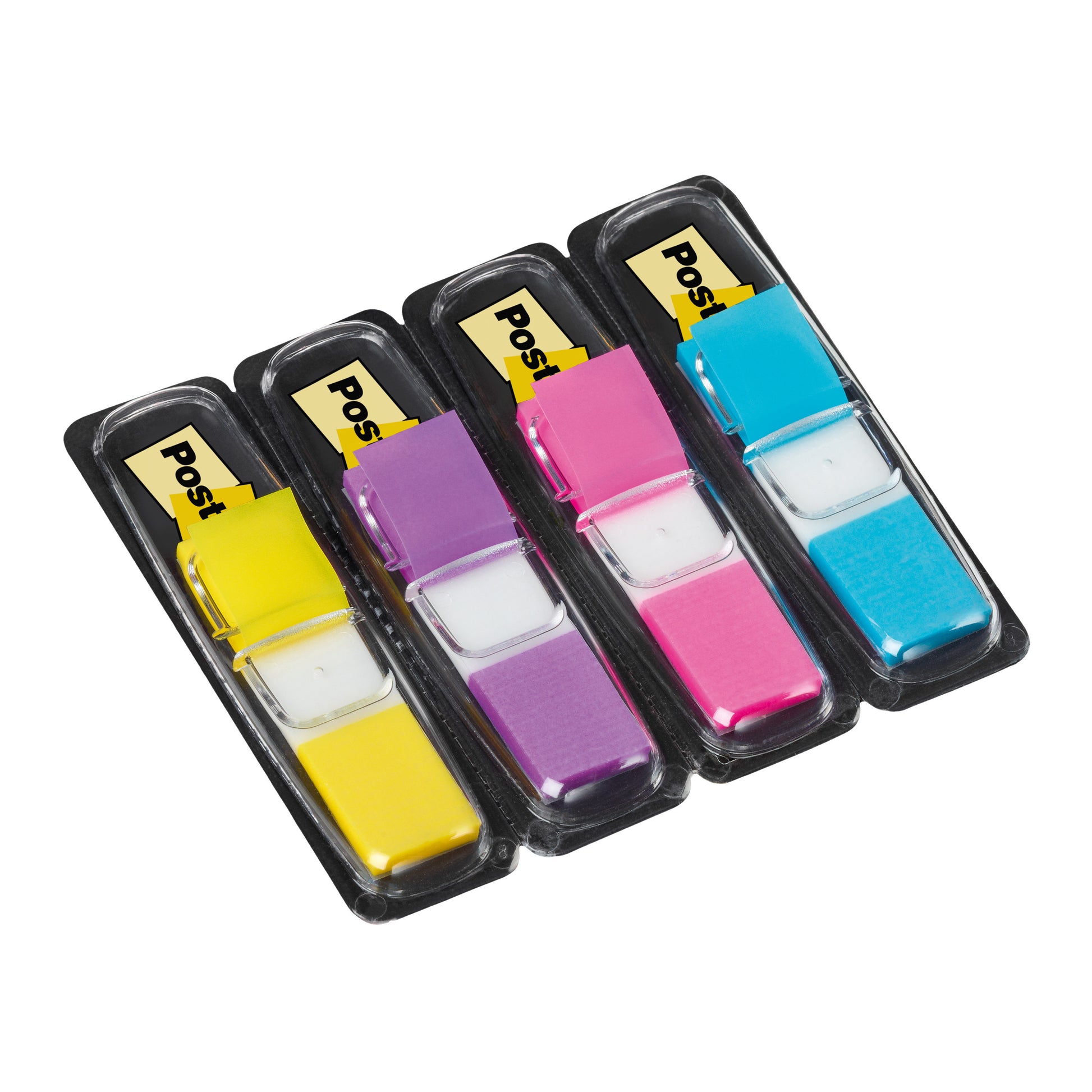 Vier Packungen Post-it® Index Haftstreifen, Mini (11,9 x 43,2 mm, 35 Streifen/Spender) von 3M Deutschland GmbH in den Farben gelb, lila, pink und blau, jeweils in einem schwarzen Kunststoffhalter mit klarem Deckel und gelbem Etikett.