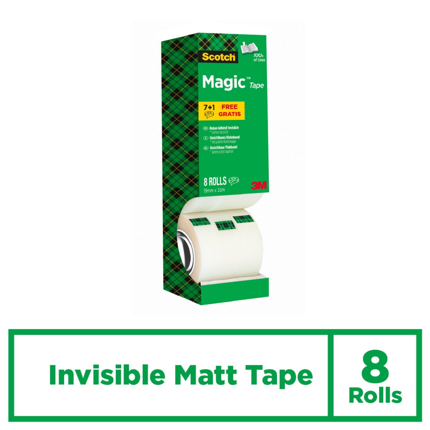 Abgebildet ist eine grüne Schachtel Scotch® Magic™ Unsichtbares Klebeband, Vorteilspack 8 Rollen (19 mm x 33 m) der 3M Deutschland GmbH mit einem karierten Design, dem Text "Invisible Matt Tape" und dem 3M-Logo unten rechts.