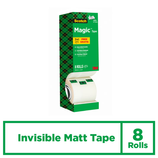 Eine Schachtel 3M Scotch® Magic™ Unsichtbares Klebeband von 3M Deutschland GmbH, Vorteilspack mit 8 Rollen mit den Maßen 19 mm x 33 m. Packung (1 Stück).
