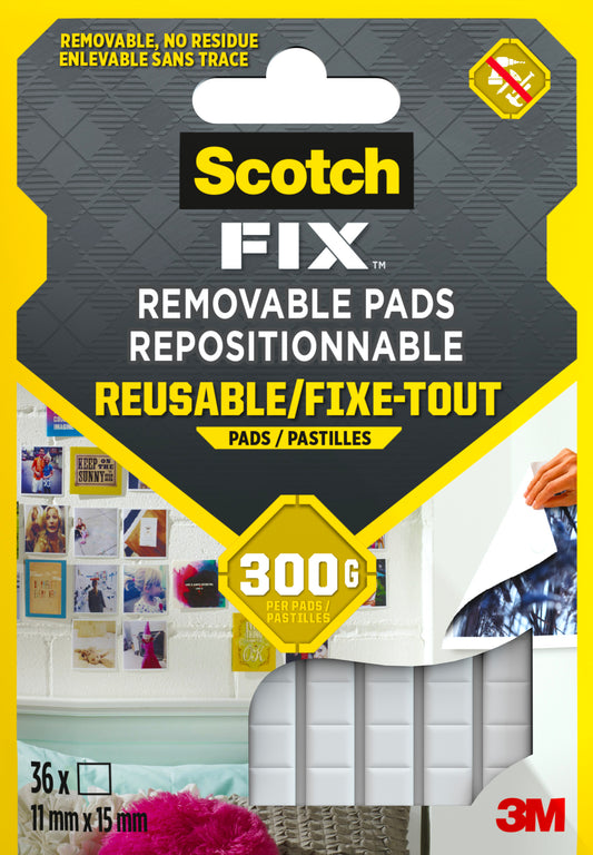 Die Abbildung zeigt eine Packung Scotch-FIX™ Ablösbare Klebepads 301008C36-P (11mm x 15mm, 36 Stück) von 3M Deutschland GmbH. Die Verpackung zeigt Fotos der Klebepads im Einsatz und trägt das 3M-Logo.