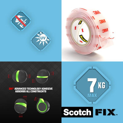 An advertisement graphic for Scotch-FIX™ Transparent Double-Sided Mounting Tape 4910C from 3M Deutschland GmbH shows symbols for water and UV resistance, a clear tape roll with red 3M branding, adhesive strength details, and a label indicating a maximum load of 7 kg.
