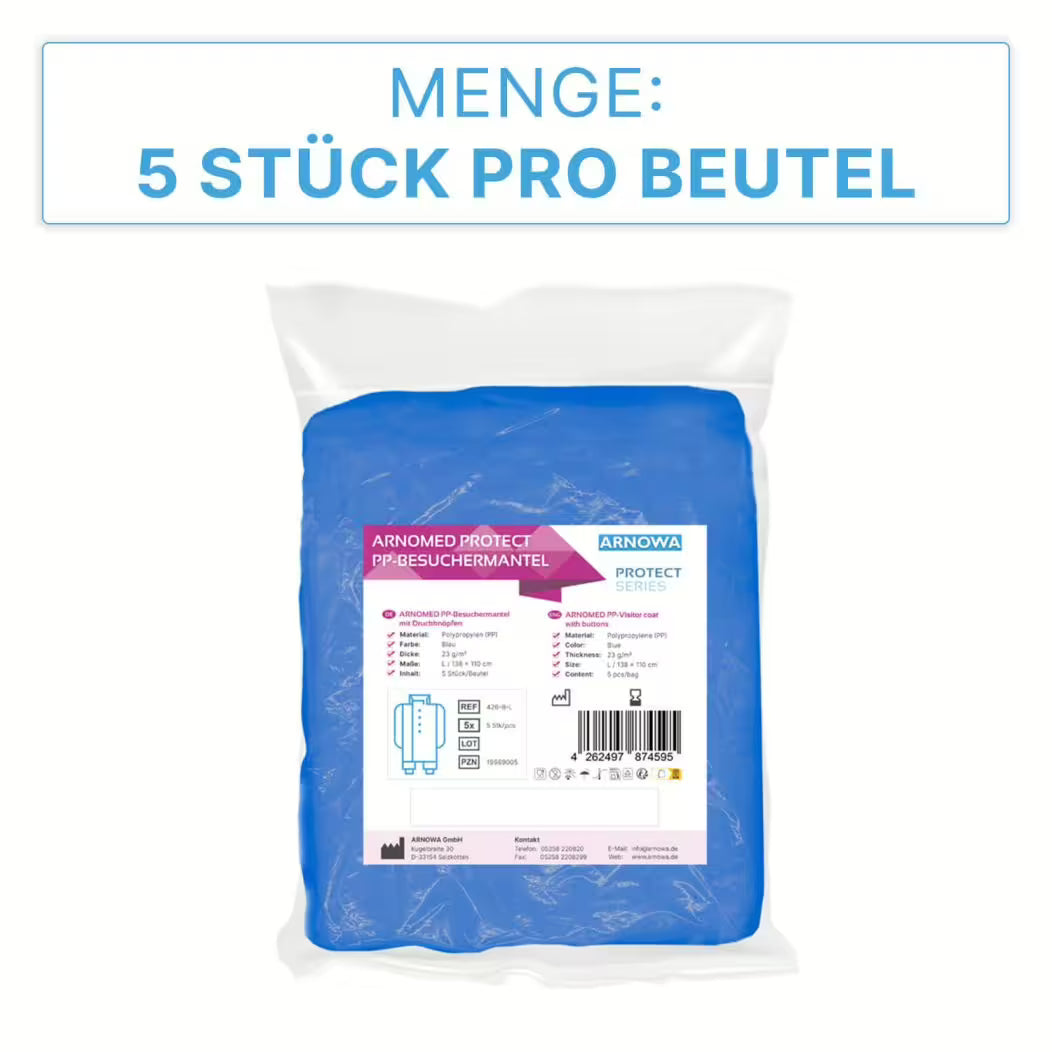 A transparent plastic bag contains five ARNOMED PROTECT PP-VISITOR GOWN BLUE disposable visitor coats with snap buttons from ARNOWA GmbH. The bag is equipped with product information and a barcode. Above the image: "Quantity: 5 pieces per bag.