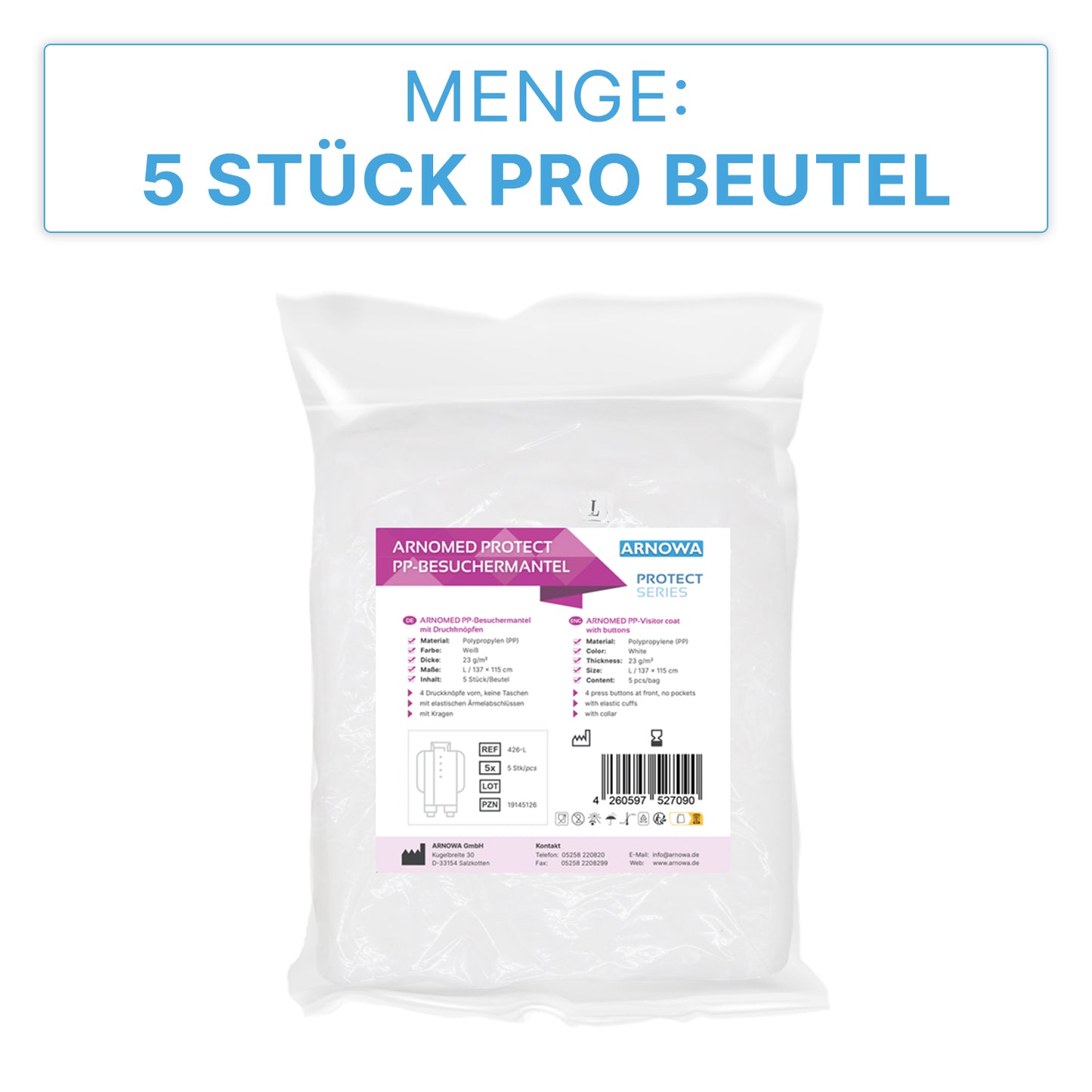 Eine transparente Verpackung enthält fünf ARNOMED PROTECT PP-Besucherkittel Weiß mit Druckknöpfen der ARNOWA GmbH. Das Etikett zeigt Produktdetails, Barcode und die Aufschrift "5 Stück pro Beutel".