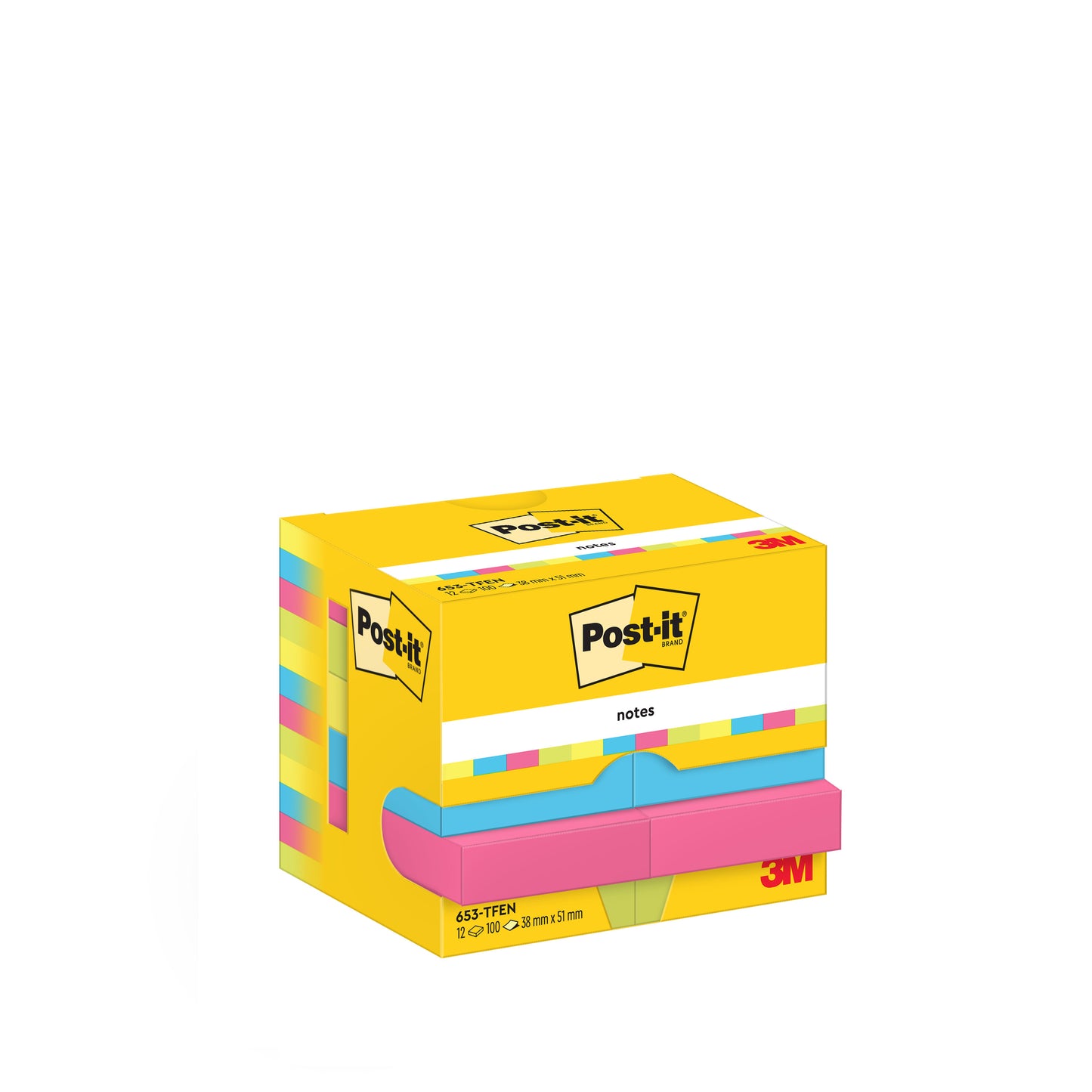 A 12-pack of Post-it® Notes (38 x 51 mm, Energetic Collection) from 3M Deutschland GmbH with 100 sheets per block, in a yellow eco-box (100% PEFC), perfect for office organization - colorful and clearly branded.