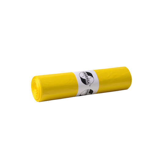 Eine Rolle gelber DEISS 43002 Müllsäcke (700x1100x0,023 mm, 50 Stück) von EMIL DEISS KG (GmbH + Co.), verpackt mit einem weißen Etikett mit schwarzem Logo und Text. Ideal für die effiziente Abfallentsorgung auf weißem Untergrund.