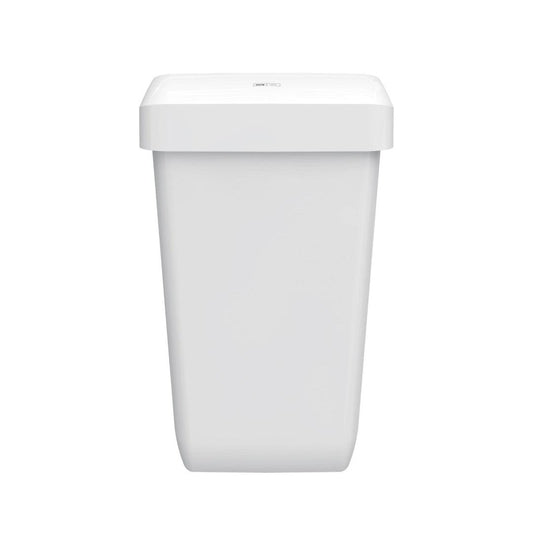 Der CWS ParadiseLine Abfallbehälter Paper Bin in weiß (23 l) zeichnet sich durch ein schlichtes, rechteckiges Design mit flachem Deckel aus, der auf weißem Hintergrund abgebildet ist.