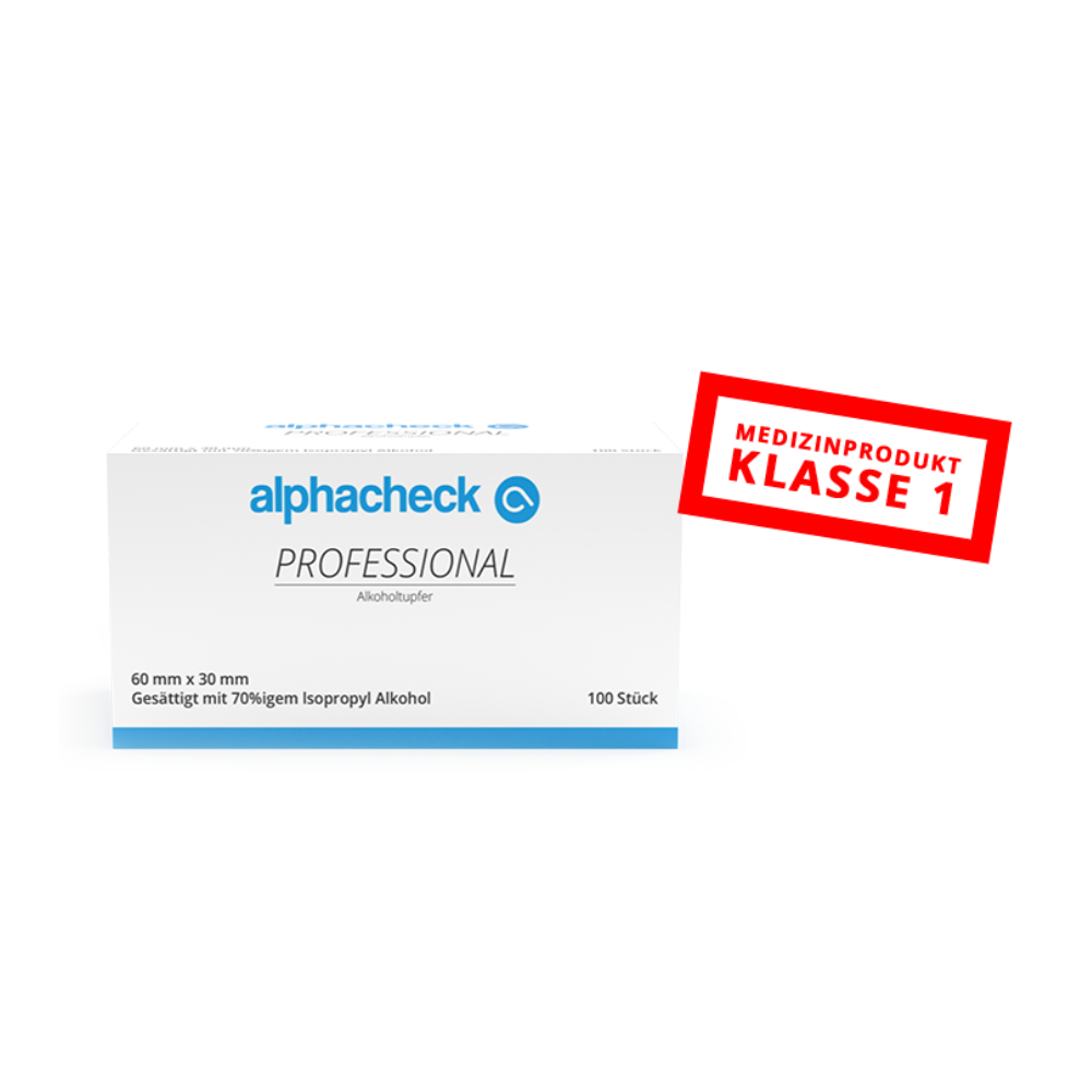 Eine weiße Schachtel mit der Aufschrift "Alphacheck Professional Alkoholtupfer 3 x 6 cm | Packung (100 Stück)" von Berger Med GmbH enthält 100 Alkoholtupfer (70% Isopropylalkohol, 60mm x 30mm) zur Desinfektion. Rotes Seitenetikett: "MEDIZINPRODUKT KLASSE 1.