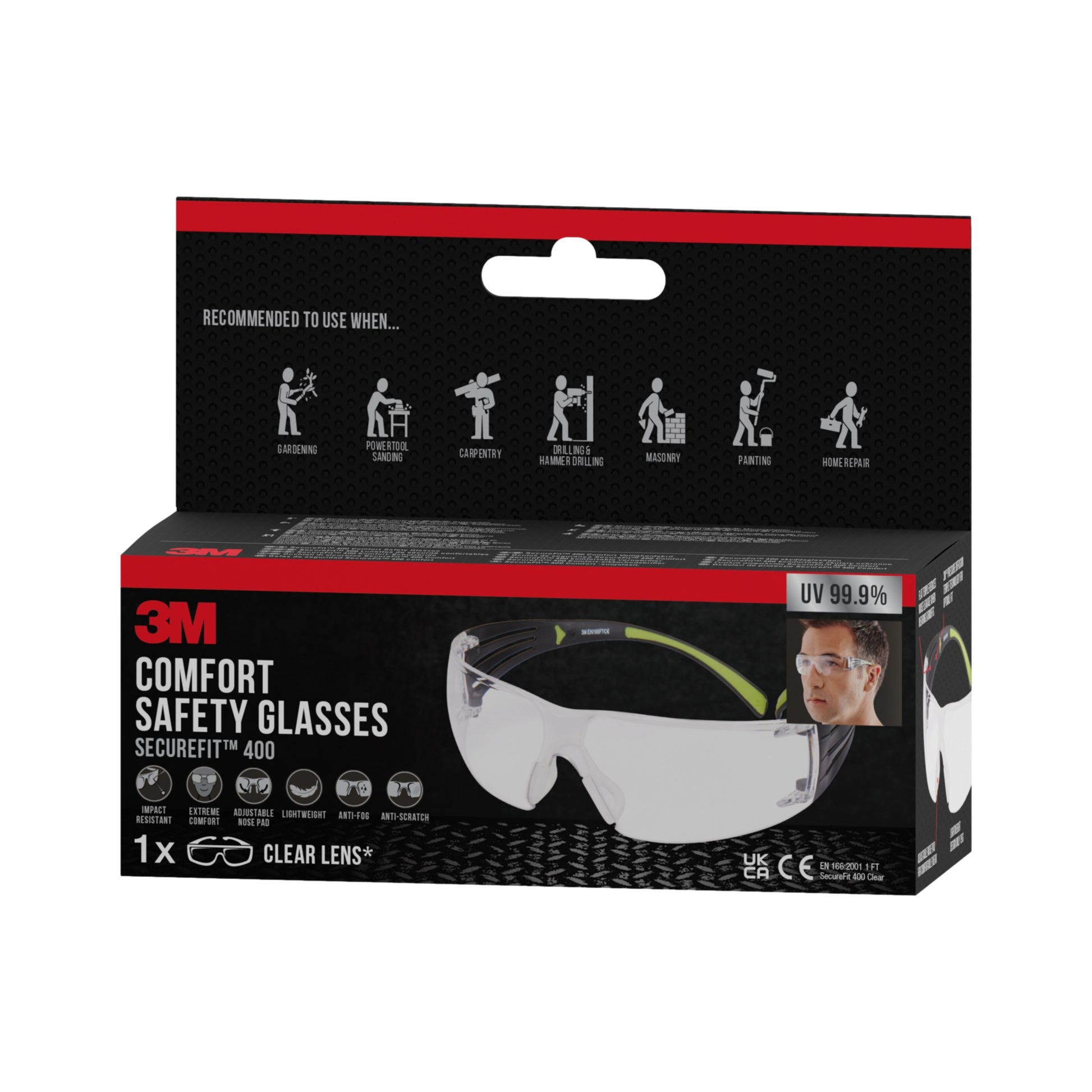Eine Schachtel mit 3M™ SecureFit™ Schutzbrille 400 von 3M Deutschland GmbH mit klaren Gläsern. Die Verpackung enthält Produktinformationen, ein Foto und Symbole für die vorgeschlagenen Anwendungen: Gartenarbeit, Schreinerei, Handhabung und Malerei.