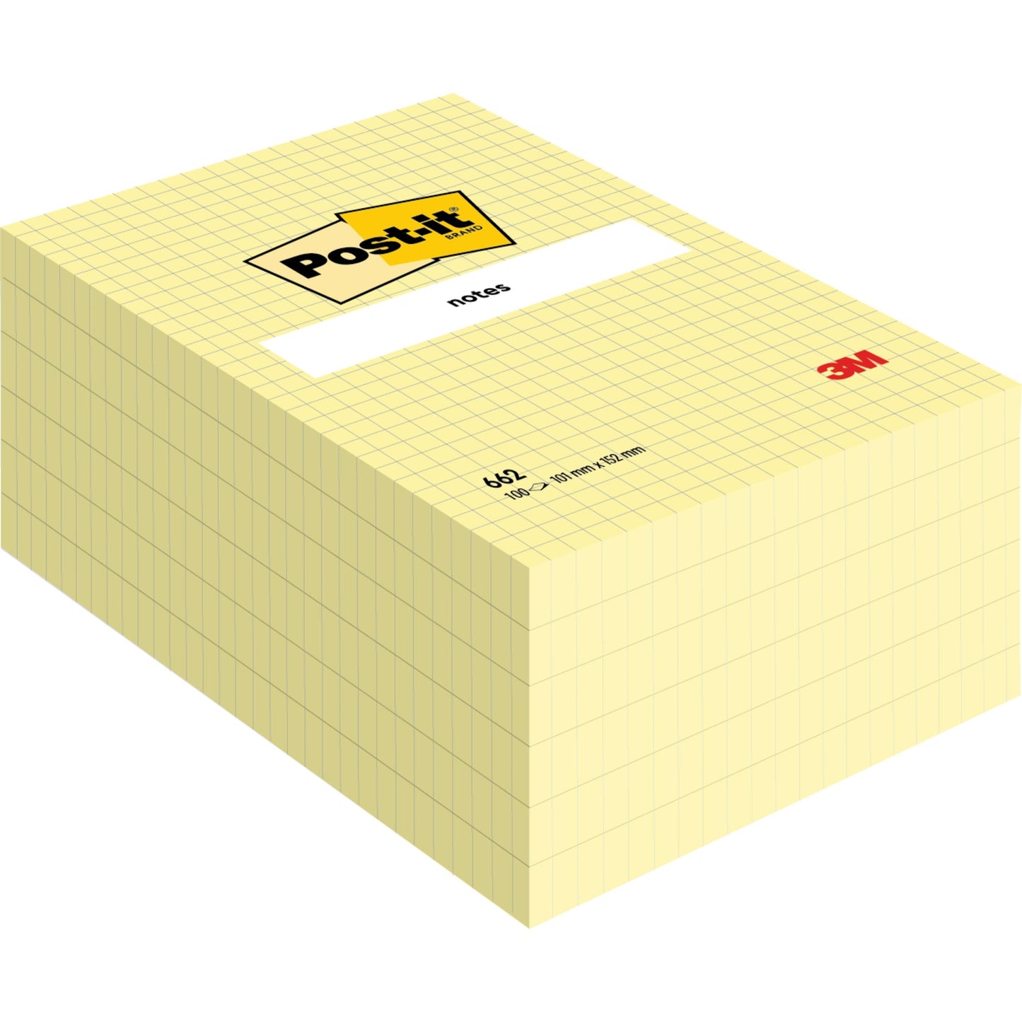 A stack of large-format Post-it® Notes, Yellow, Grid (101 mm x 152 mm), 100 sheets/block, 6 blocks/pack from 3M Deutschland GmbH. Made from 100% PEFC-certified paper (SGSCH-PEFC-COC-110078).