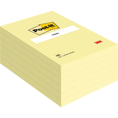 A stack of large-format Post-it® Notes, Yellow, Grid (101 mm x 152 mm), 100 sheets/block, 6 blocks/pack from 3M Deutschland GmbH. Made from 100% PEFC-certified paper (SGSCH-PEFC-COC-110078).