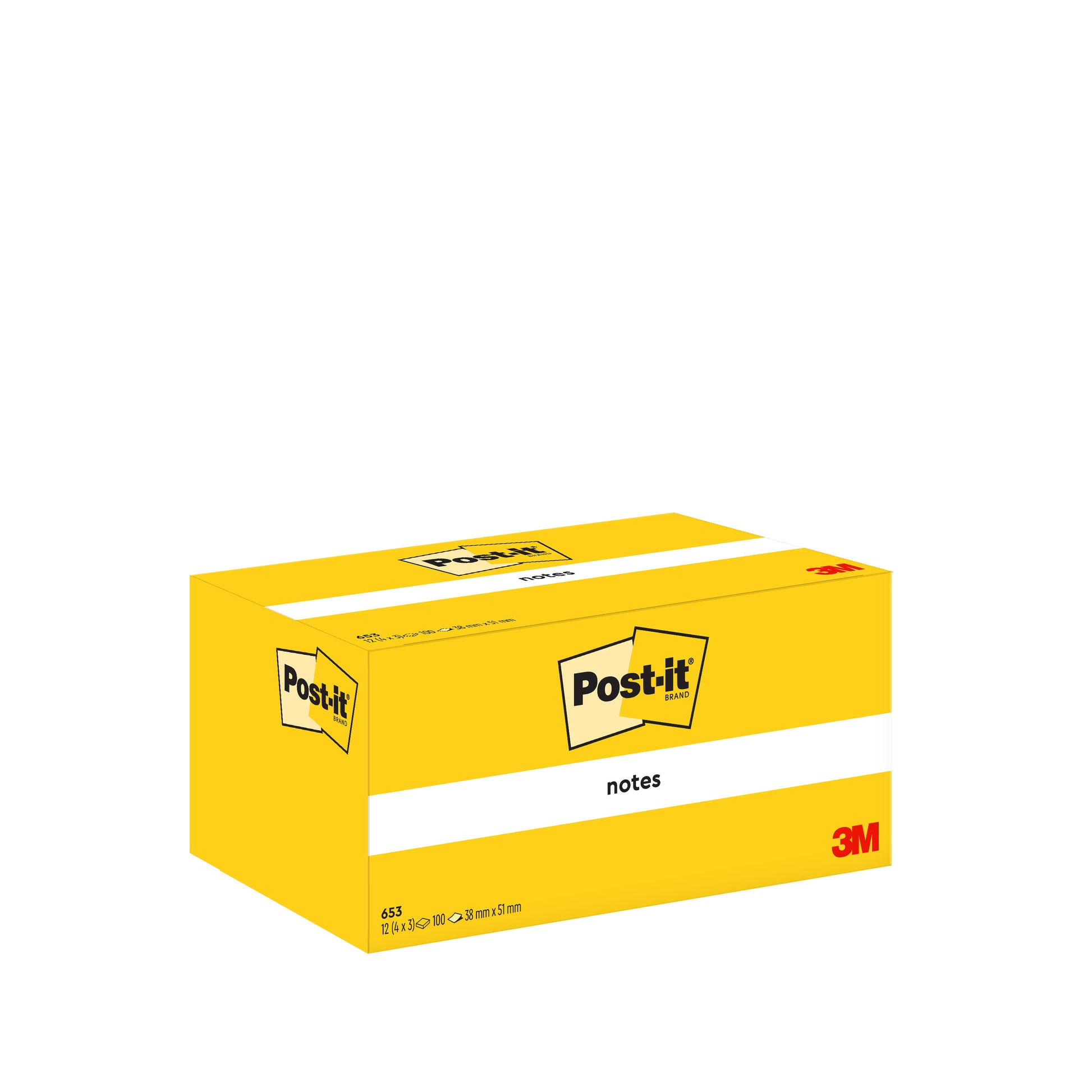 Eine geschlossene gelbe Schachtel Post-it® Notes (38 mm x 51 mm, 100 Blatt/Block, 3 Blöcke/Packung) der 3M Deutschland GmbH ist auf einem schlichten weißen Hintergrund abgebildet. Die Schachtel zeigt das Post-it- und das 3M-Logo und ist mit "notes" beschriftet.