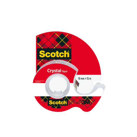 Ein Paket der 3M Deutschland GmbH mit einer Rolle Scotch® Crystal Klebeband (19 mm x 15 m) und einem Handabroller.