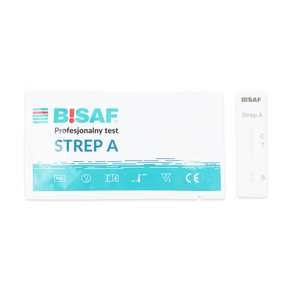 Abgebildet ist ein Strep A - Bisaf Professional 1 Test | Packung (1 Stück) von Altruan, der die Folientestpackung und die weiße Kassette mit der Aufschrift "Strep A" zeigt, die zum Nachweis von Strep-A-Antigenen bei Streptokokkenangina verwendet wird.