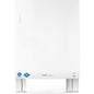 The CWS ParadiseLine Dry Slim Non-Touch cloth towel dispenser, including a white panel, is a white wall-mounted dispenser that provides hygienic, touch-free towel dispensing; part of the roll is dispensed at floor level.