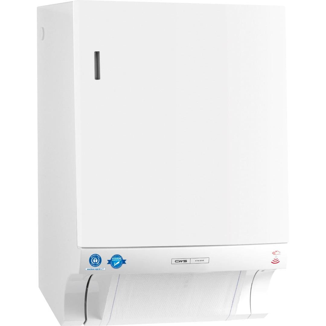 The CWS ParadiseLine Dry Slim Non-Touch cloth towel dispenser, which includes a white panel, ensures hygienic towel dispensing thanks to its touch-free operation.
