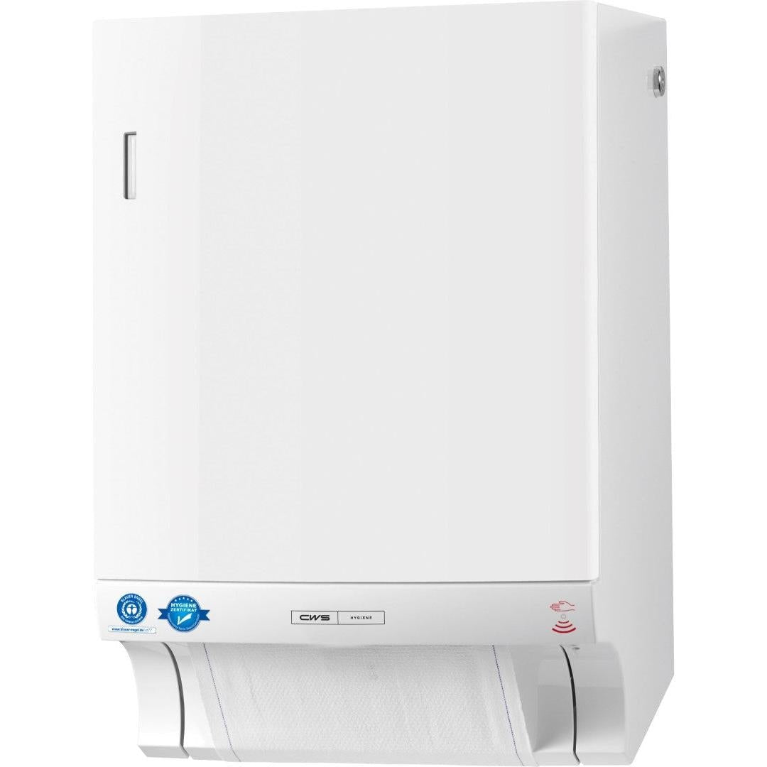 The CWS ParadiseLine Dry Slim Non-Touch cloth towel dispenser (white, 1 unit) is a wall-mounted dispenser for hygienic towel dispensing, featuring a visible mounting bracket and a certification sticker on the lower left front panel.