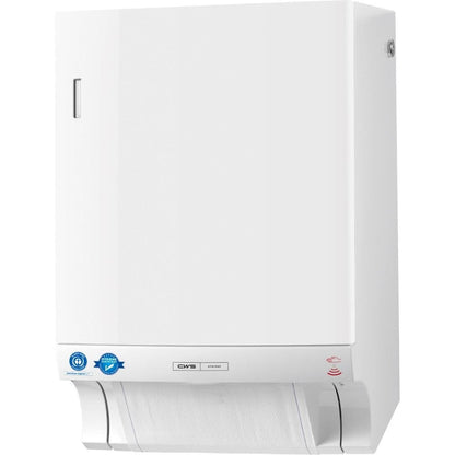 The CWS ParadiseLine Dry Slim Non-Touch cloth towel dispenser (white, 1 unit) is a wall-mounted dispenser for hygienic towel dispensing, featuring a visible mounting bracket and a certification sticker on the lower left front panel.