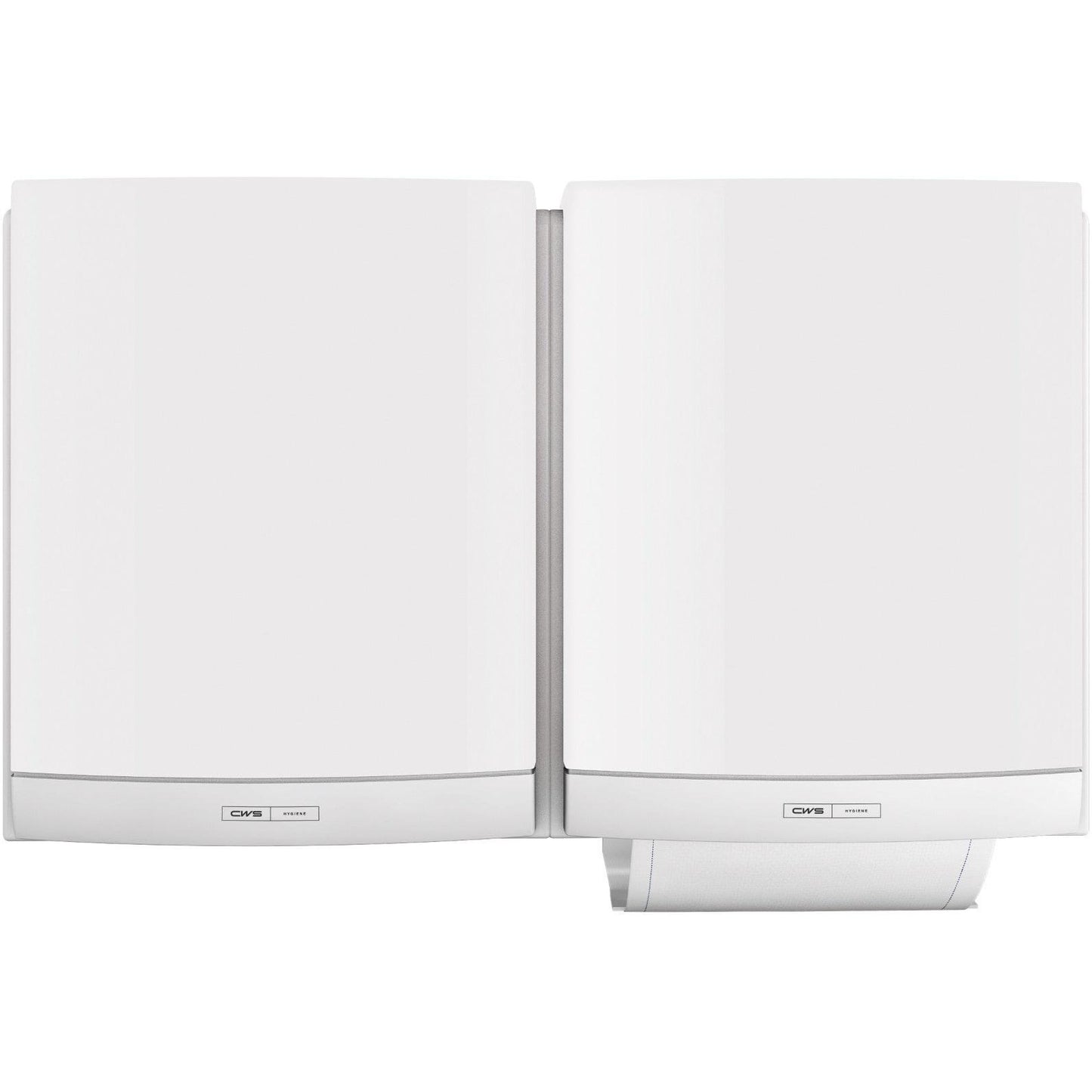 Two white CWS ParadiseLine DUO cloth towel dispensers, including panels, are mounted side by side. The dispenser on the right shows a partially dispensed towel and offers a hygienic solution with small labels near the bottom. Brand: CWS.