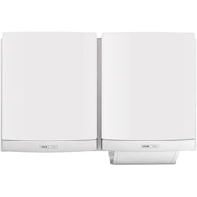 Zwei weiße CWS ParadiseLine Stoffhandtuchspender DUO inklusive Panel sind nebeneinander montiert. Der rechte Spender zeigt ein teilweise gespendetes Handtuch und bietet eine hygienische Lösung mit kleinen Etiketten in Bodennähe. Marke: CWS.