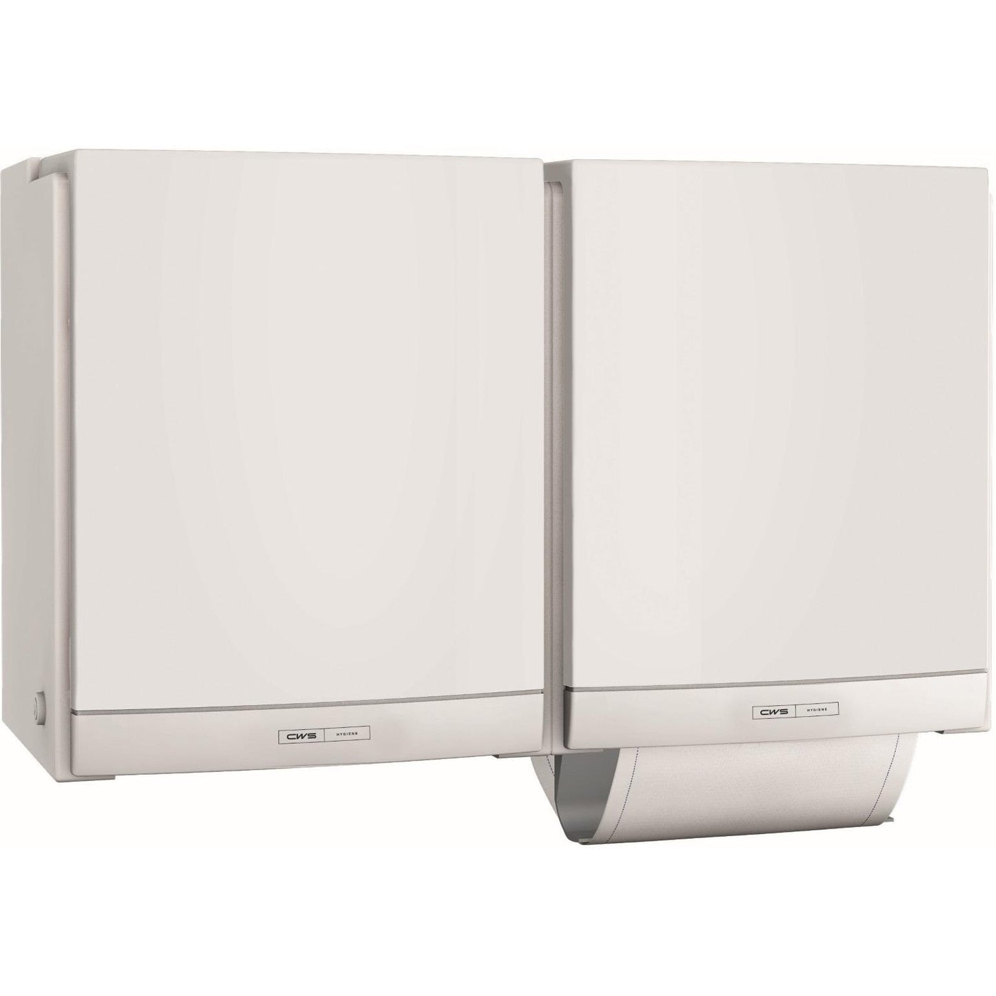 Two white CWS ParadiseLine DUO cloth towel dispensers, mounted side by side on the wall and labeled, offer an eco-friendly option for a hygienic solution in the restroom.