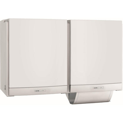 Two white CWS ParadiseLine DUO cloth towel dispensers, mounted side by side on the wall and labeled, offer an eco-friendly option for a hygienic solution in the restroom.